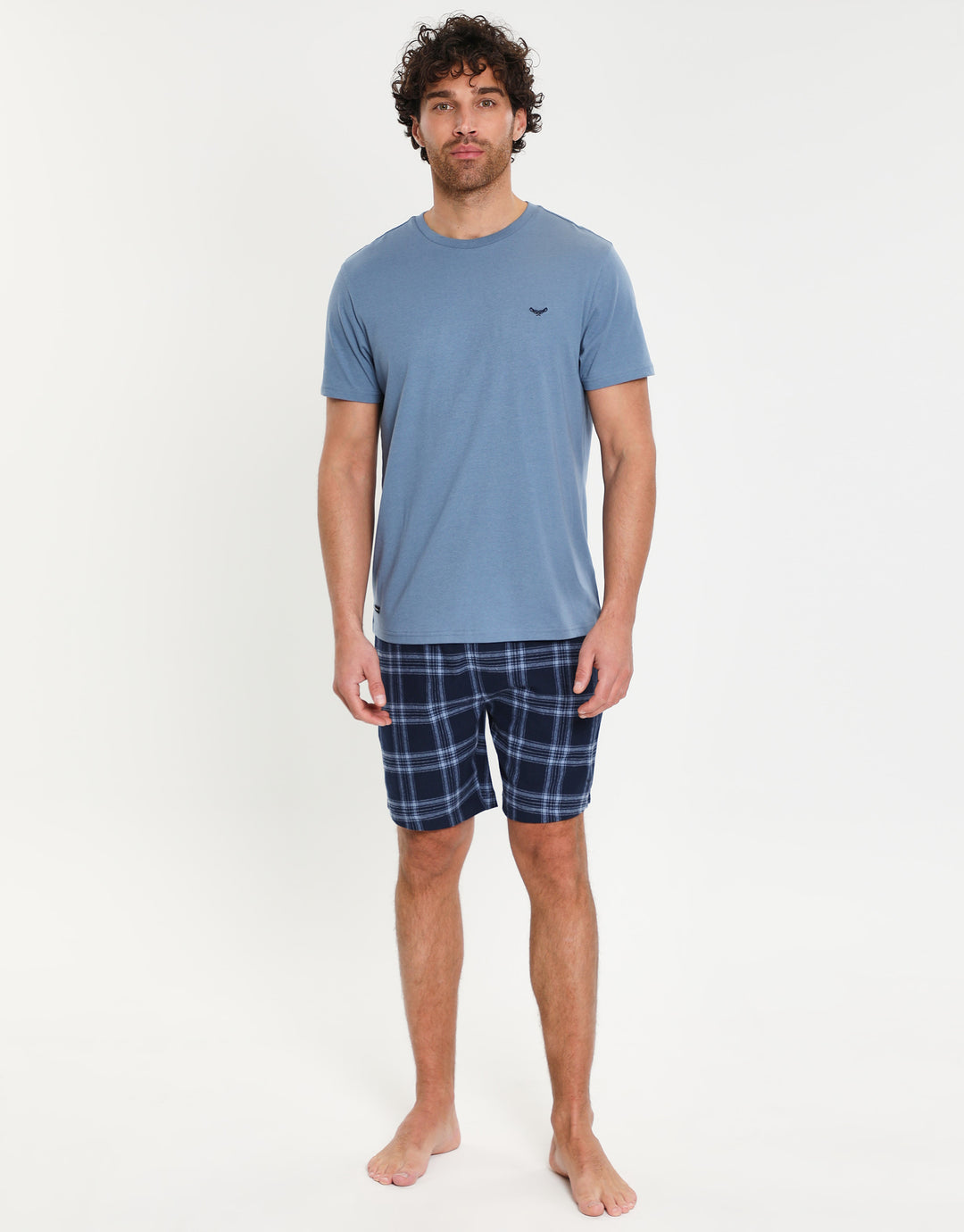 Denim Blue & Tonal Blue Check Loungewear Set (2-Piece Set)