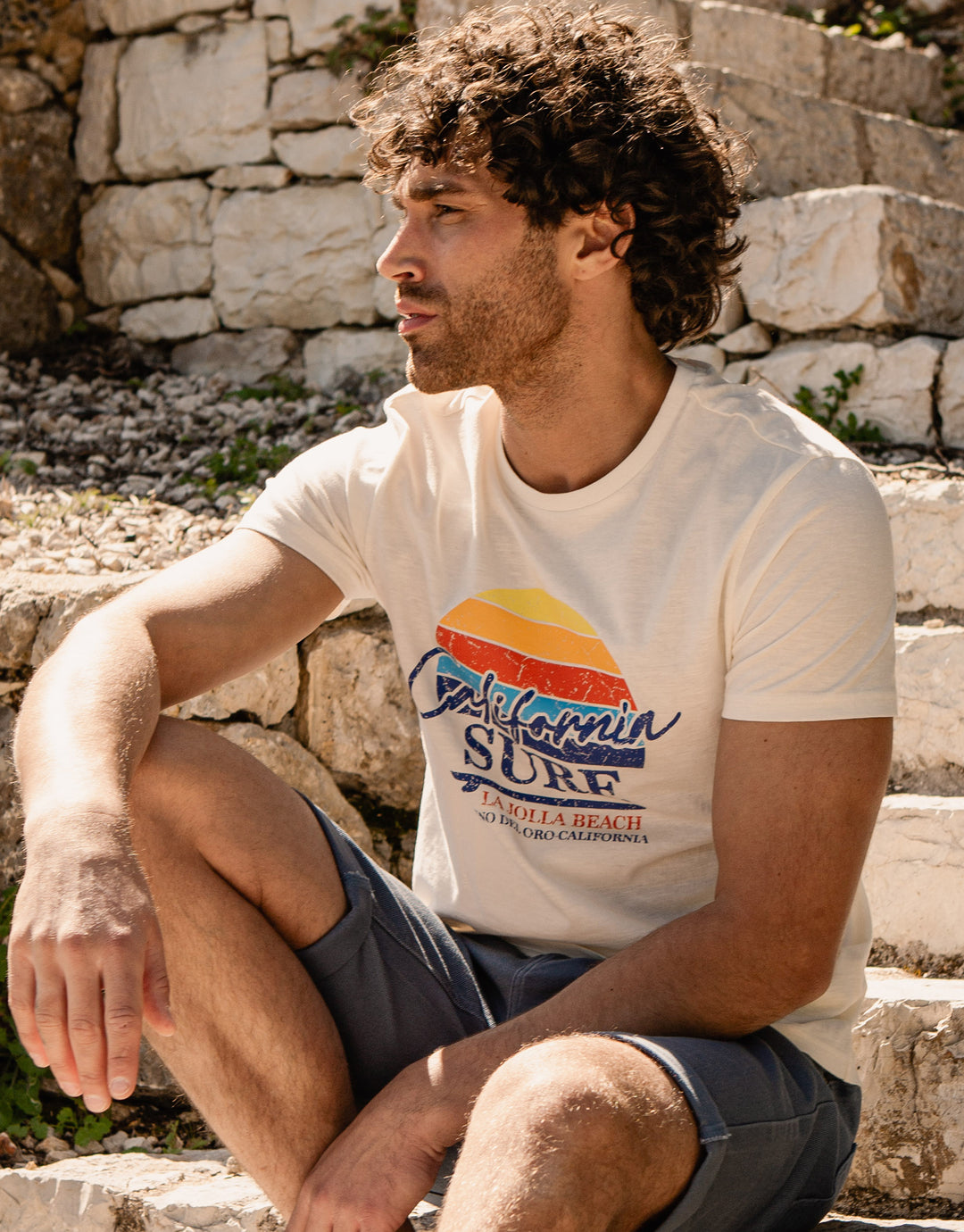 T-shirt Blu Con Stampa Grafica California Surf PIOMBO Da Uomo - Foto 1