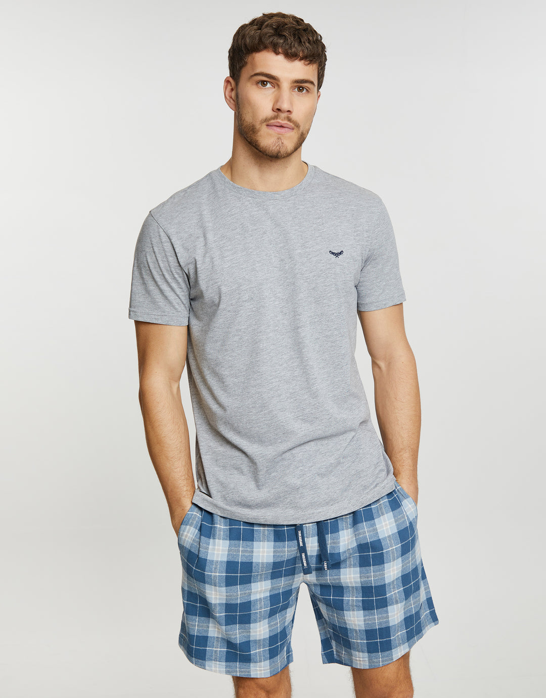 Grey Marl & Light Blue Check Loungewear Set (2-Piece Set)