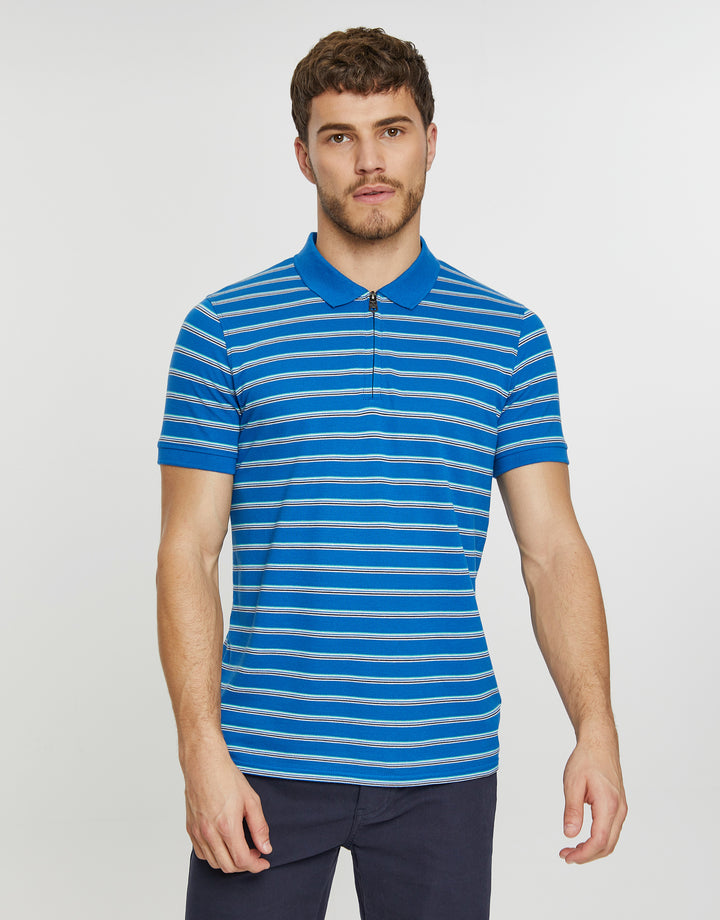 Blue Stripe Zip Collar Polo Shirt