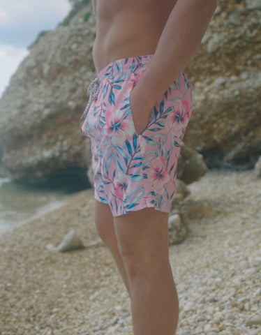 Pink Tropical Floral Print Swim Shorts