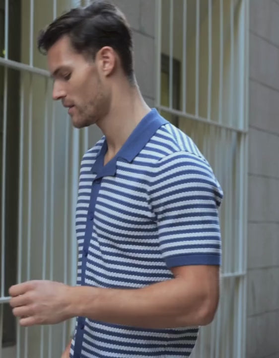 Blue & Ecru Revere Collar Striped Knitted Shirt