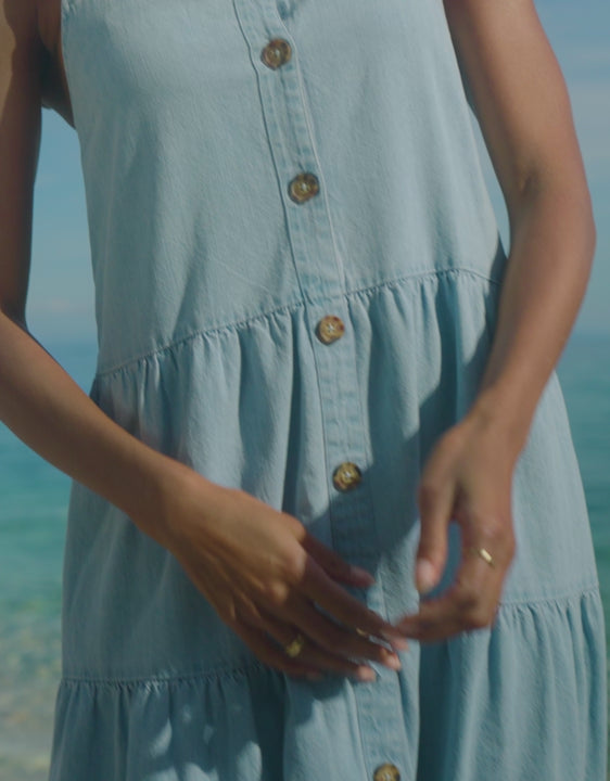 Light Blue Chambray Button Down Tiered Midi Dress with Flutter Strap