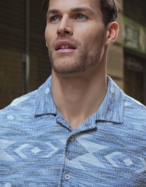 Blue Tribal Revere Collar Short Sleeve Shirt