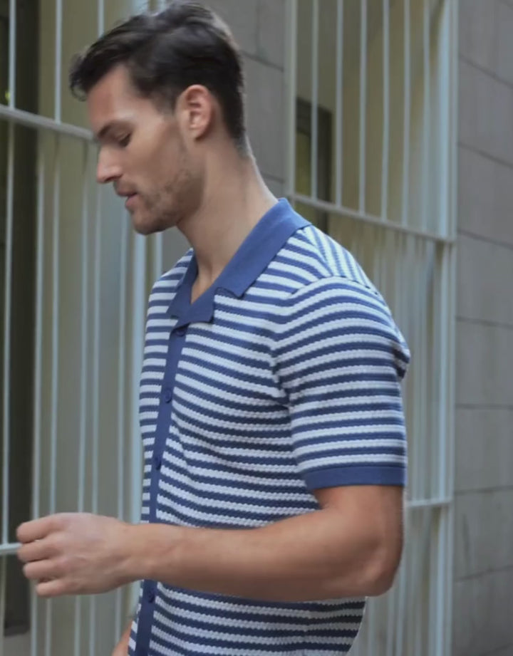 Blue & Ecru Revere Collar Striped Knitted Shirt