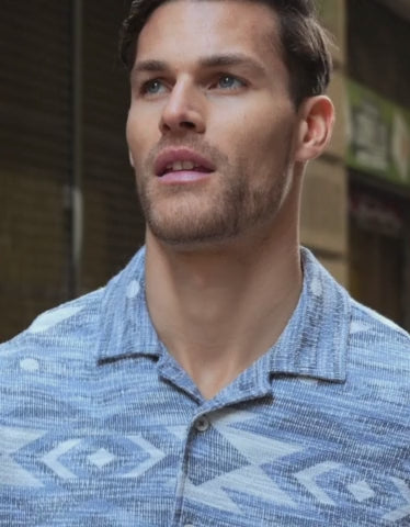 Blue Tribal Revere Collar Short Sleeve Shirt