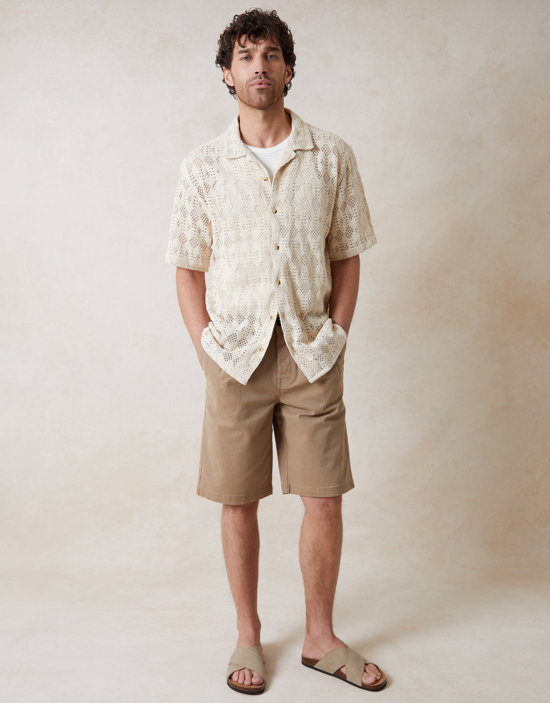 Crochet Patterned Textured Short Sleeve Shirt in Ecru