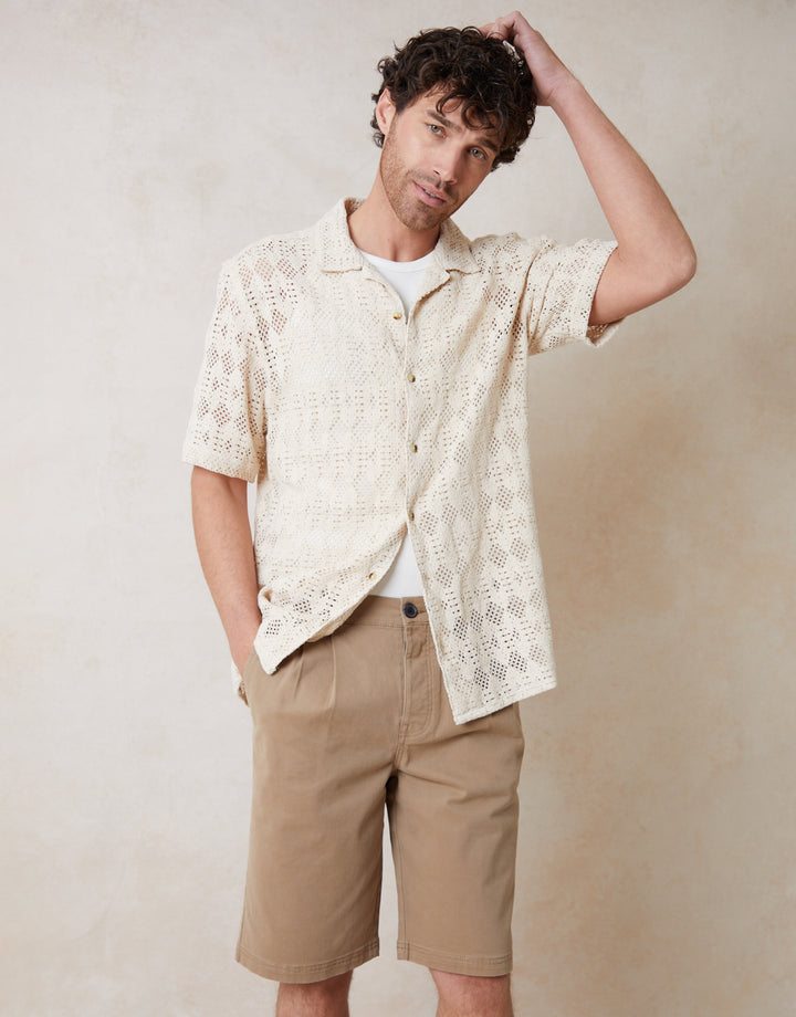 Crochet Patterned Textured Short Sleeve Shirt in Ecru