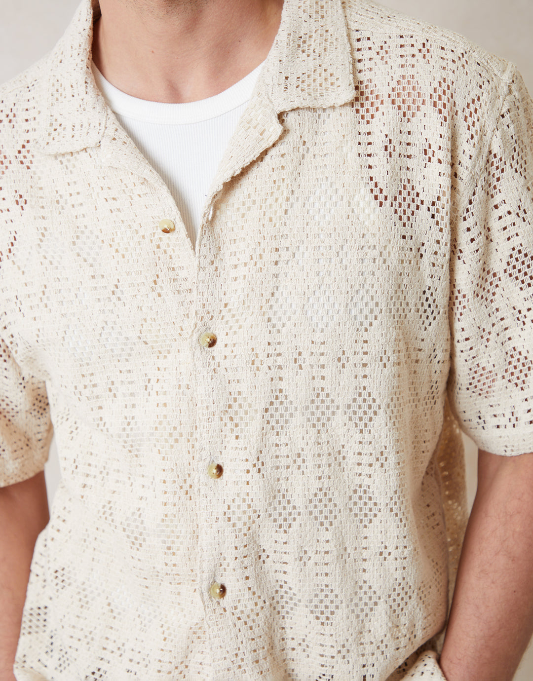 Crochet Patterned Textured Short Sleeve Shirt in Ecru