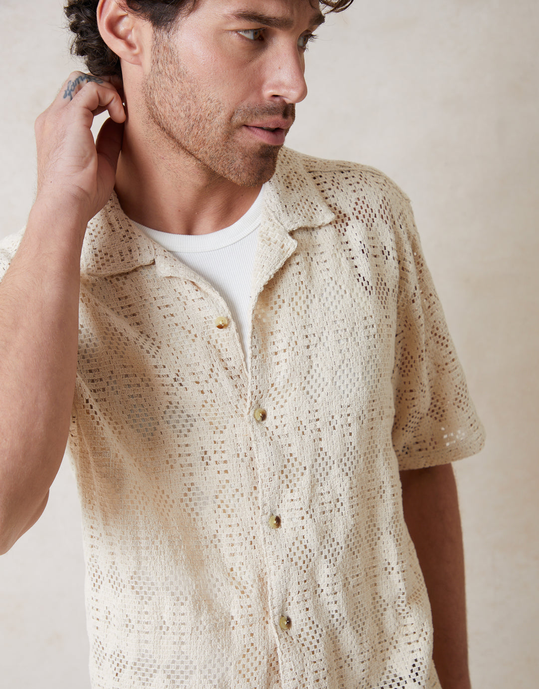 Crochet Patterned Textured Short Sleeve Shirt in Ecru