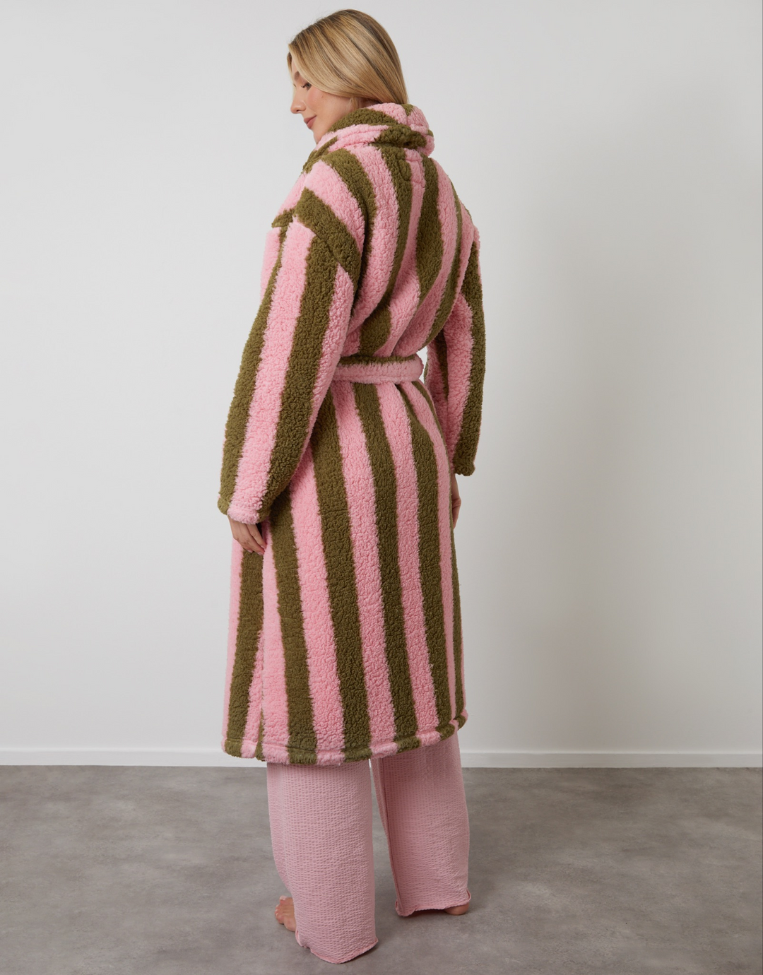 Pink Stripe Borg Dressing Gown