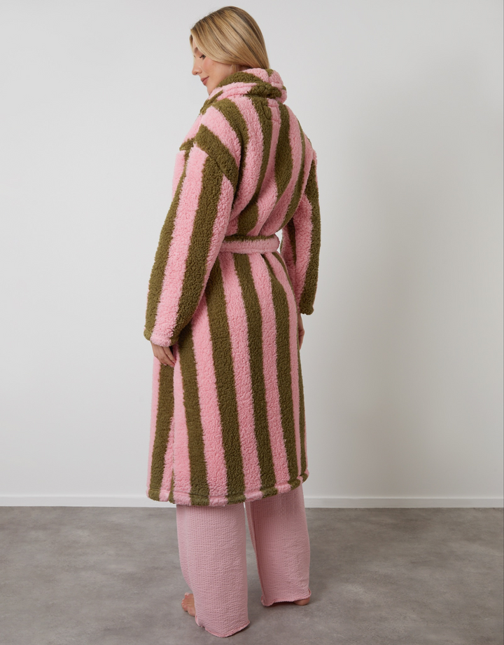 Threadbare Women's Pink & Green Stripe Borg Dressing Gown