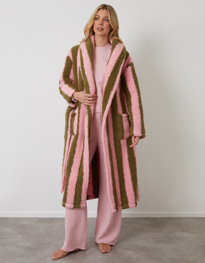 Pink Stripe Borg Dressing Gown