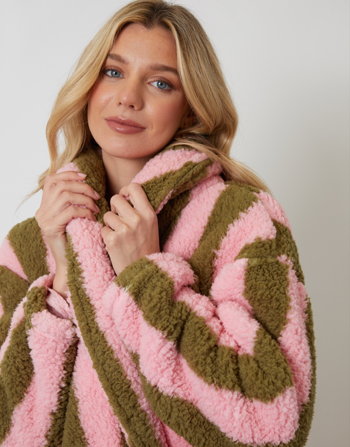 Pink Stripe Borg Dressing Gown