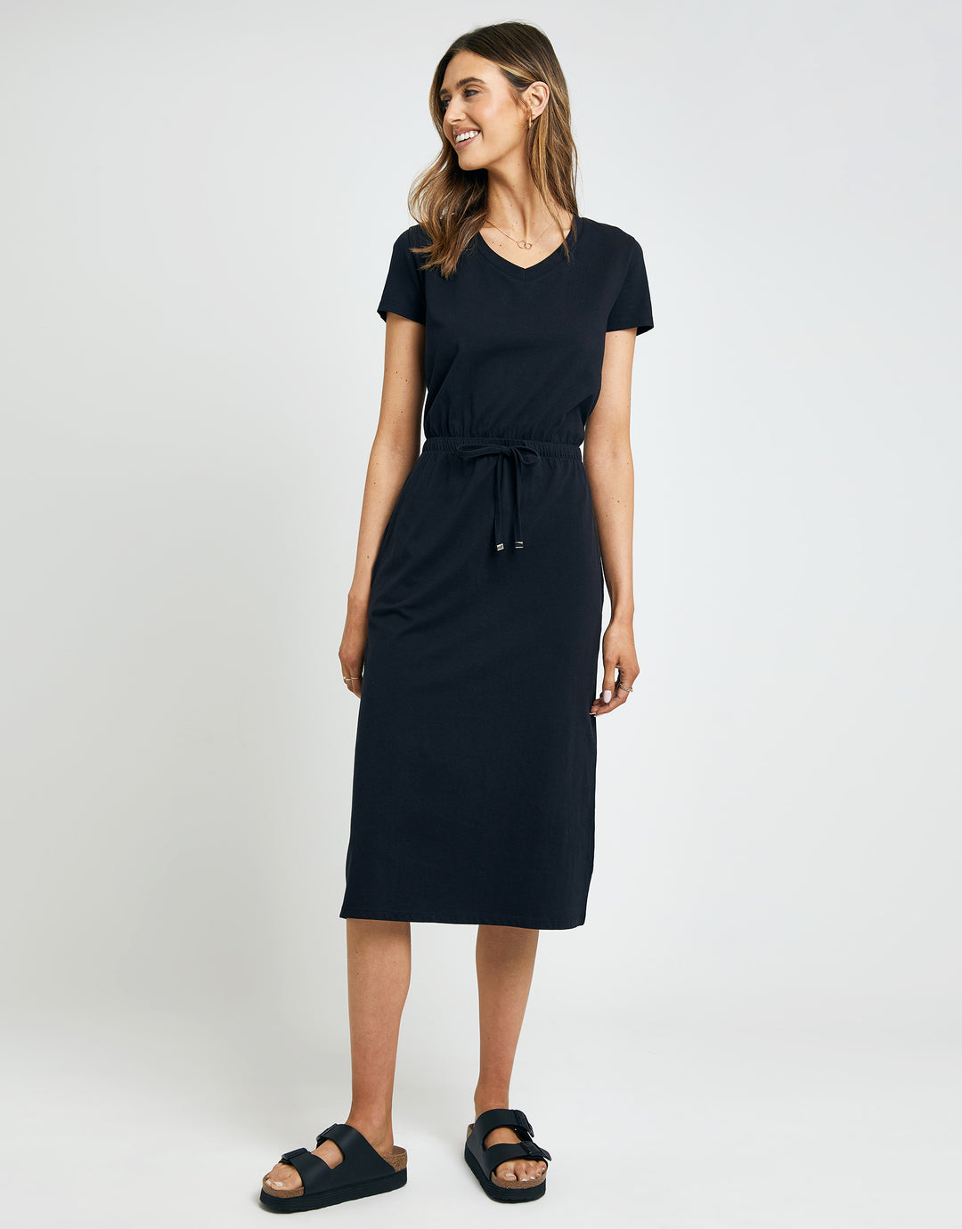 Threadbare Women's Black Jersey Short Sleeve V Neck Tie Waist Ladies' Midi Dress Threadbare Women's Black Jersey Short Sleeve V Neck Tie Waist Ladies' Midi Dress