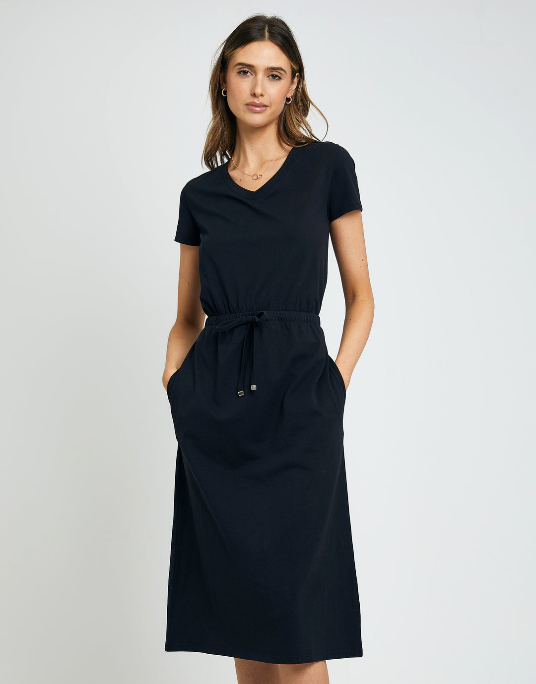 Threadbare Women's Black Jersey Short Sleeve V Neck Tie Waist Ladies' Midi Dress Threadbare Women's Black Jersey Short Sleeve V Neck Tie Waist Ladies' Midi Dress