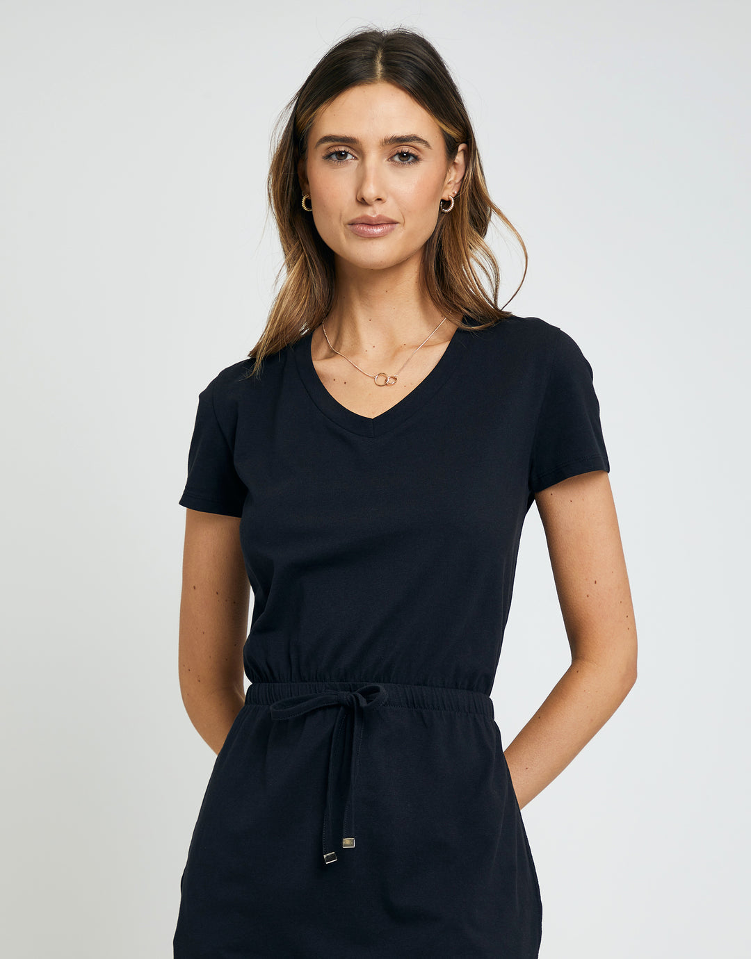 Threadbare Women's Black Jersey Short Sleeve V Neck Tie Waist Ladies' Midi Dress Threadbare Women's Black Jersey Short Sleeve V Neck Tie Waist Ladies' Midi Dress