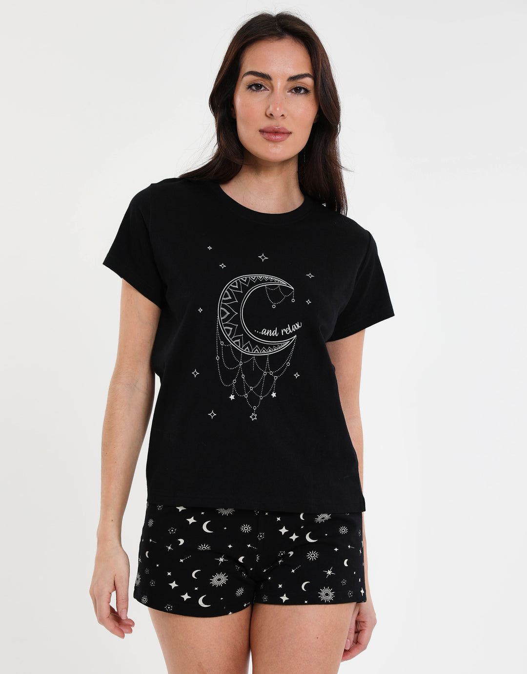 Black Moon and Star Print Short Pyjama Set