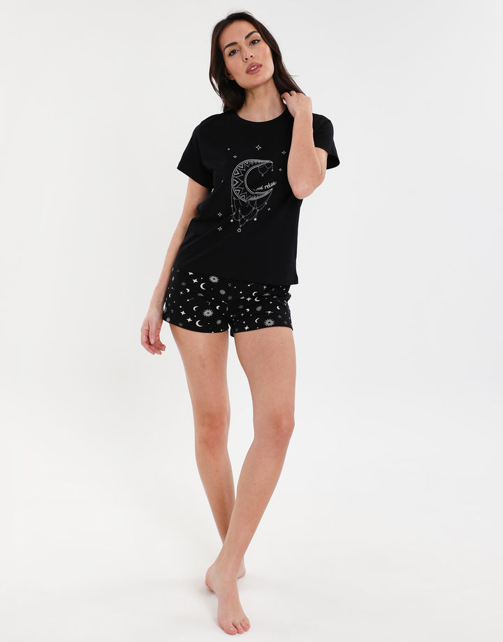 Black Moon and Star Print Short Pyjama Set