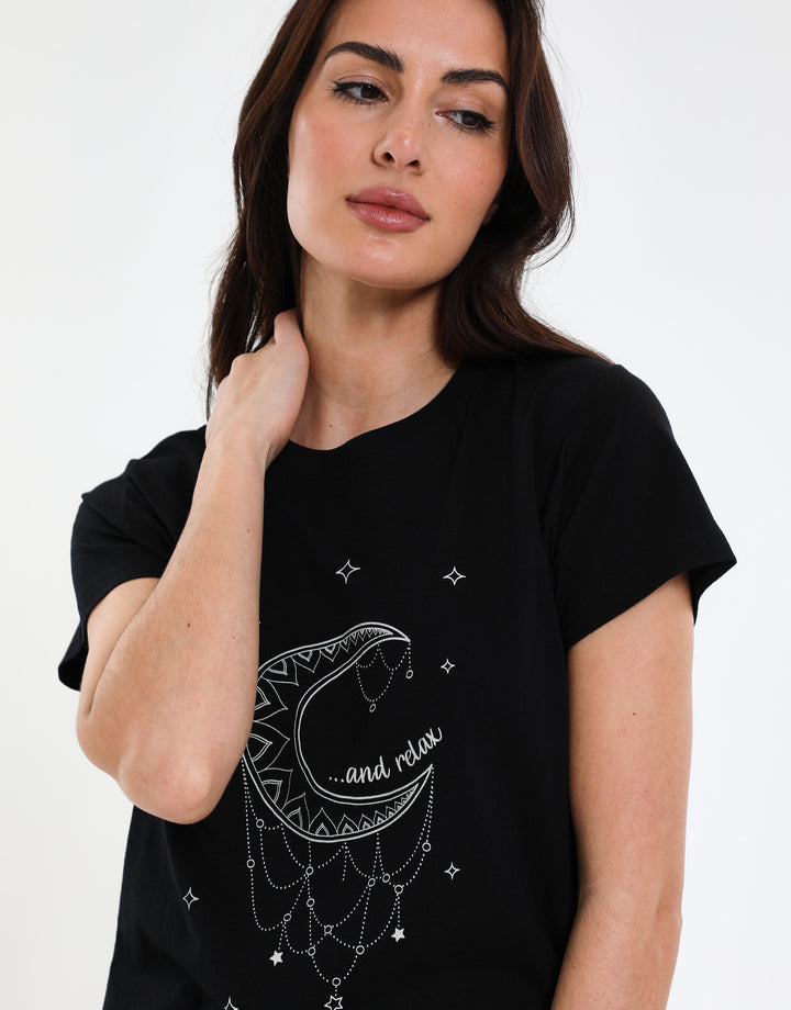 Black Moon and Star Print Short Pyjama Set