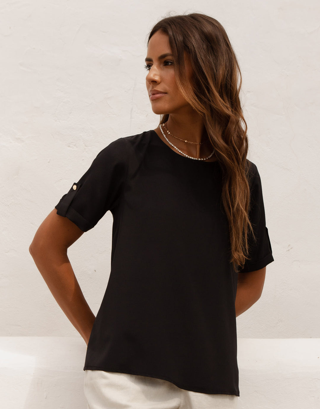 Black Short Roll Sleeve T-Shirt Blouse