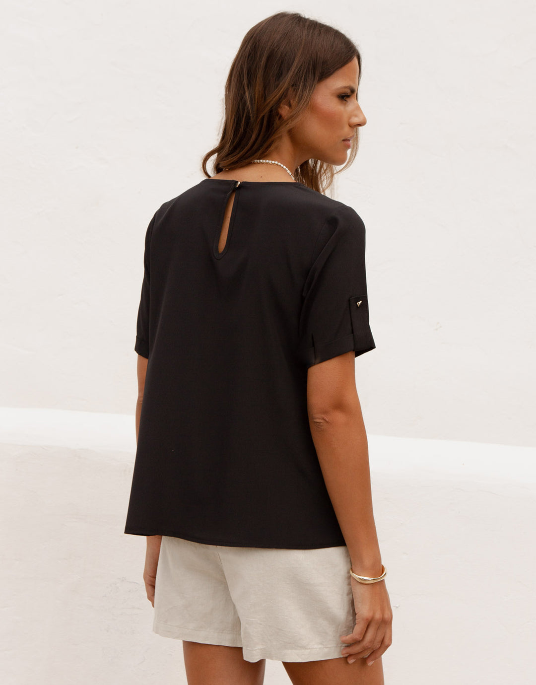 Black Short Roll Sleeve T-Shirt Blouse