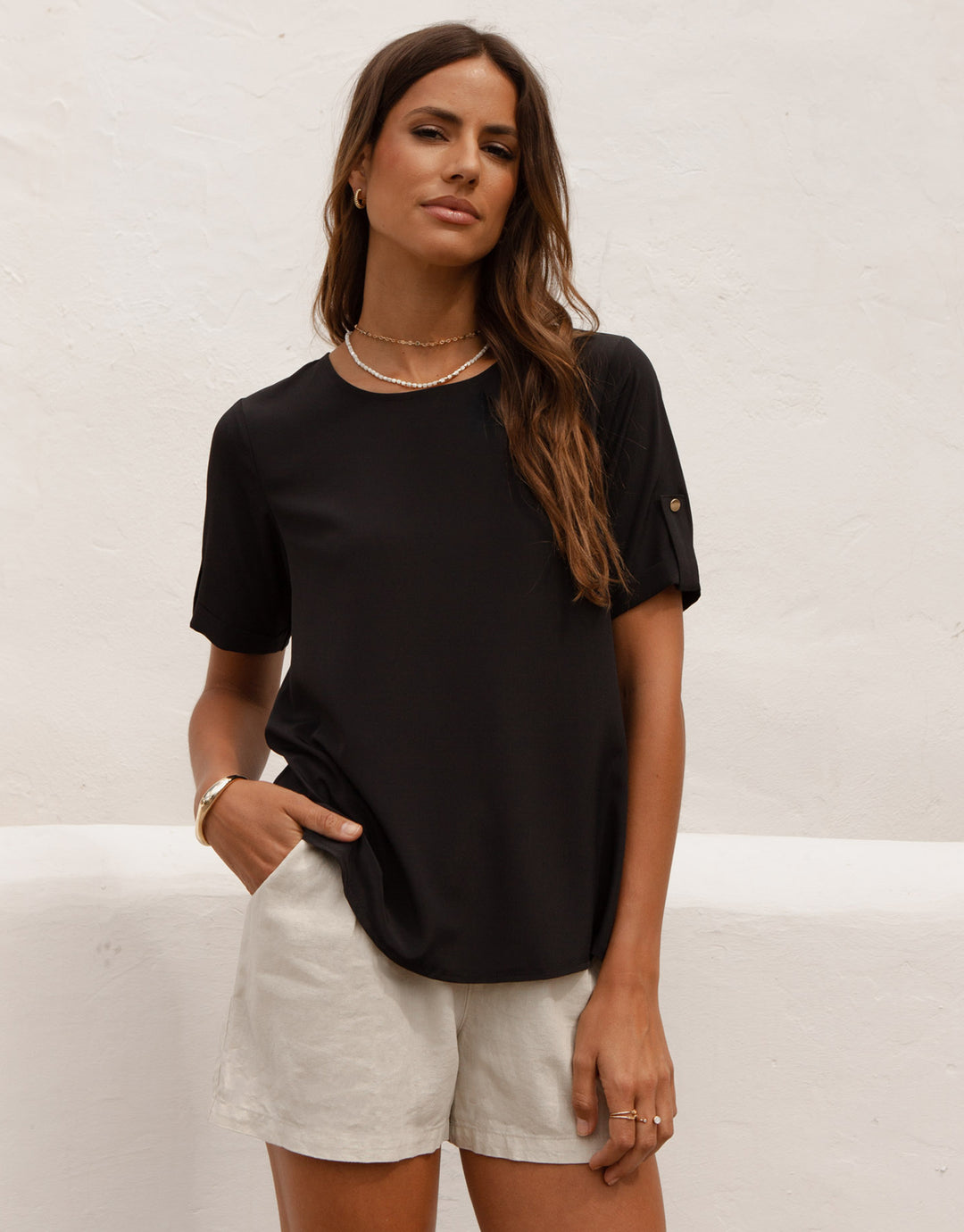 Black Short Roll Sleeve T-Shirt Blouse