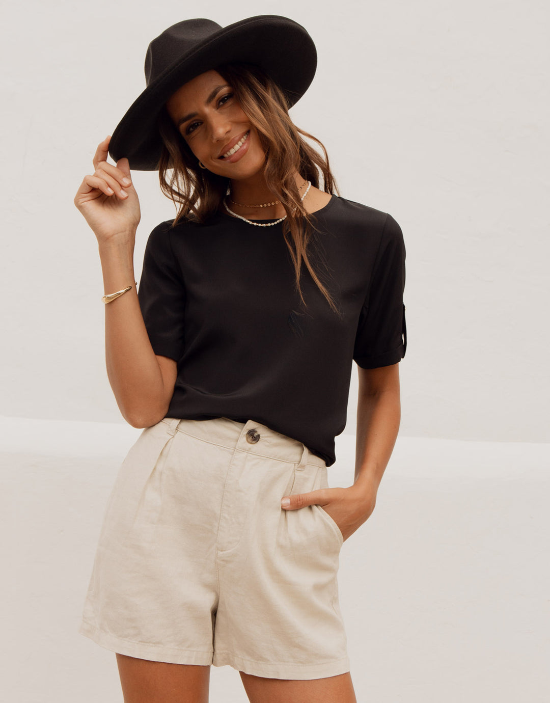 Black Short Roll Sleeve T-Shirt Blouse