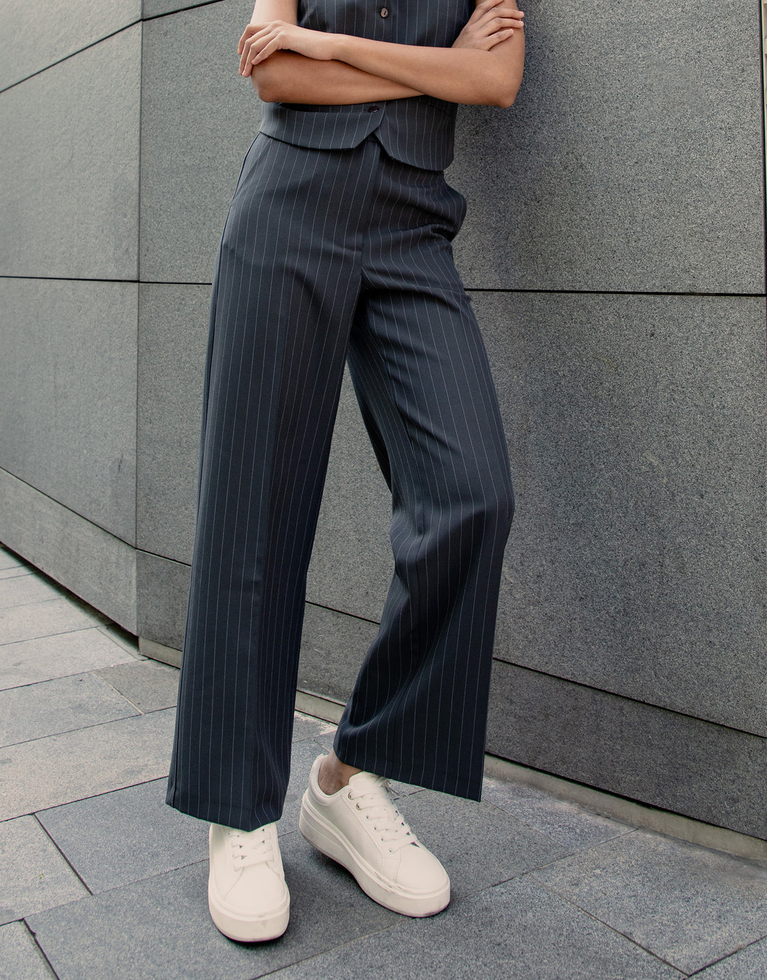 Charcoal Grey Pinstripe Wide Leg Tailored Trousers