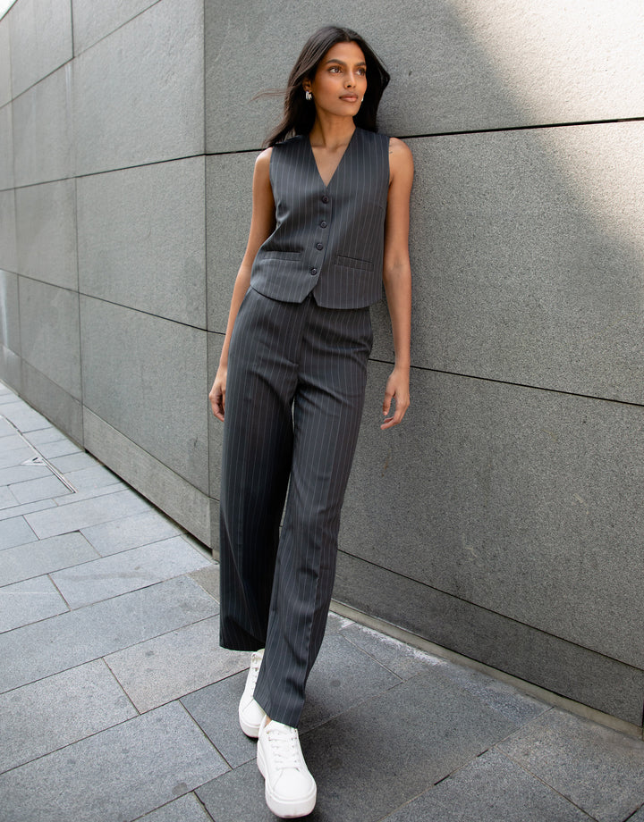 Charcoal Grey Pinstripe Wide Leg Tailored Trousers