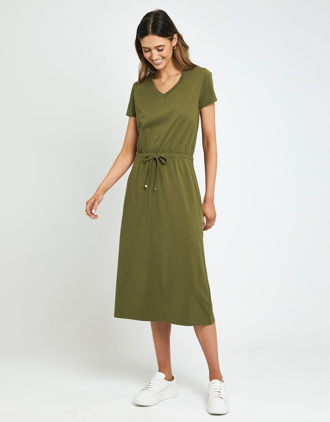 Khaki Green Jersey Short Sleeve V Neck Midi Dress