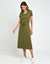 Khaki Green Jersey Short Sleeve V Neck Midi Dress