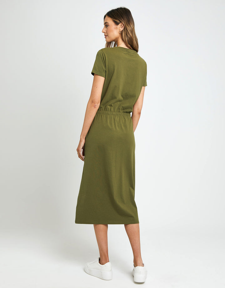 Khaki Green Jersey Short Sleeve V Neck Midi Dress