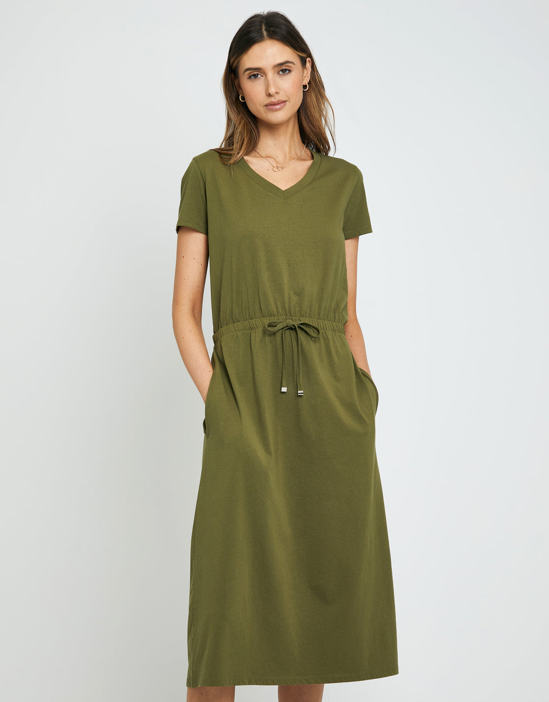 Khaki Green Jersey Short Sleeve V Neck Midi Dress
