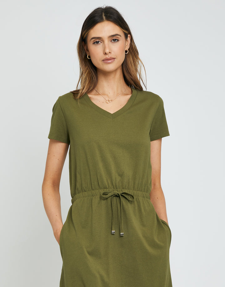 Khaki Green Jersey Short Sleeve V Neck Midi Dress