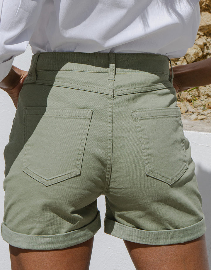 Khaki Green Wash Classic Denim Shorts