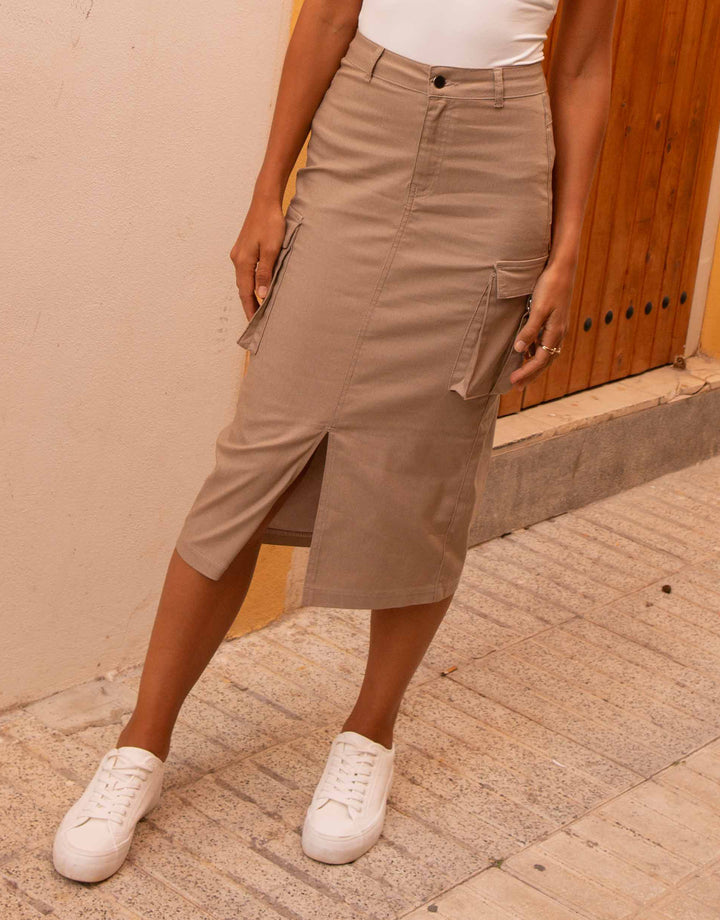 Stone Utility Cargo Midi Skirt