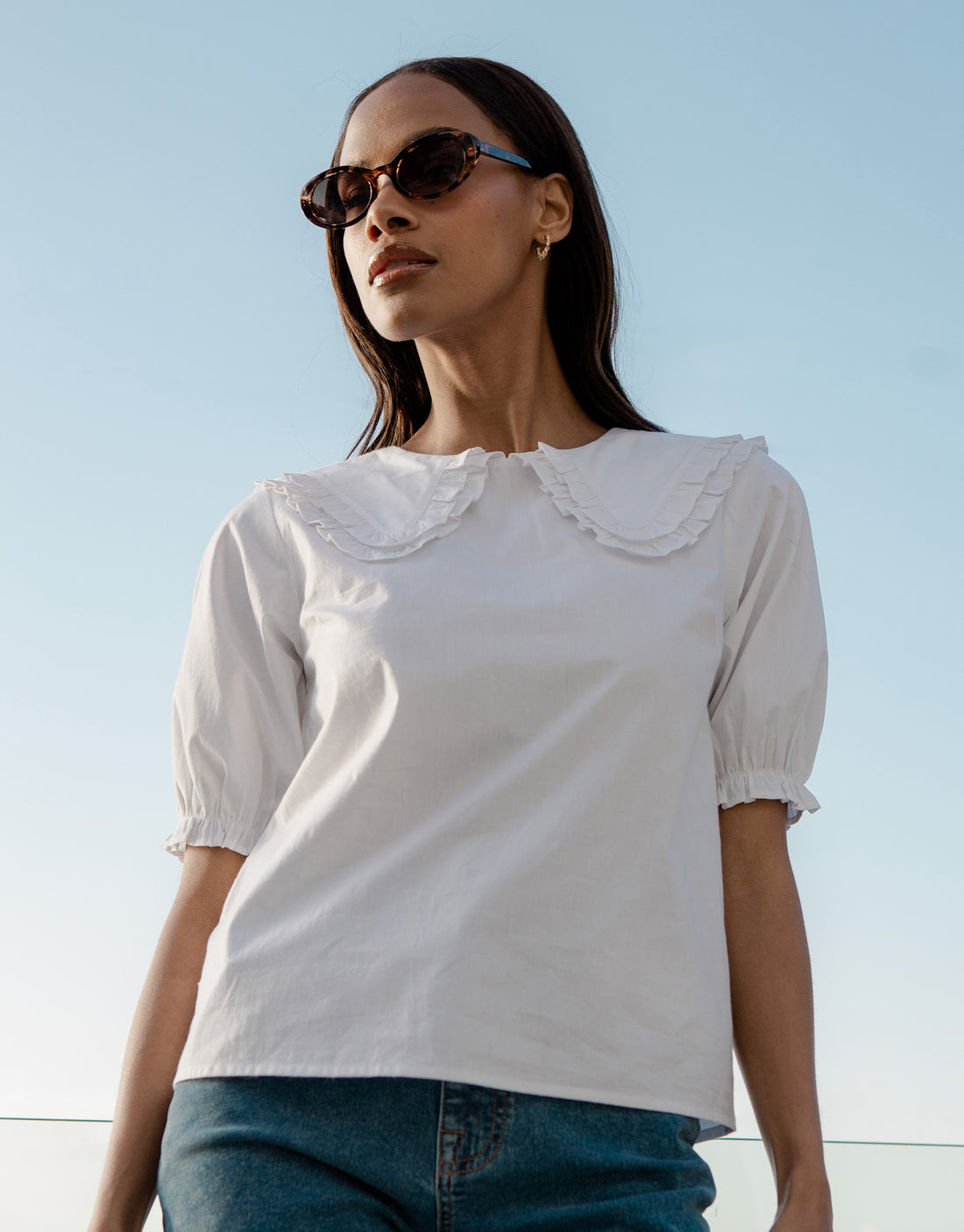 Women's White Oversized Frill Collar Puff Sleeve Blouse – Threadbare