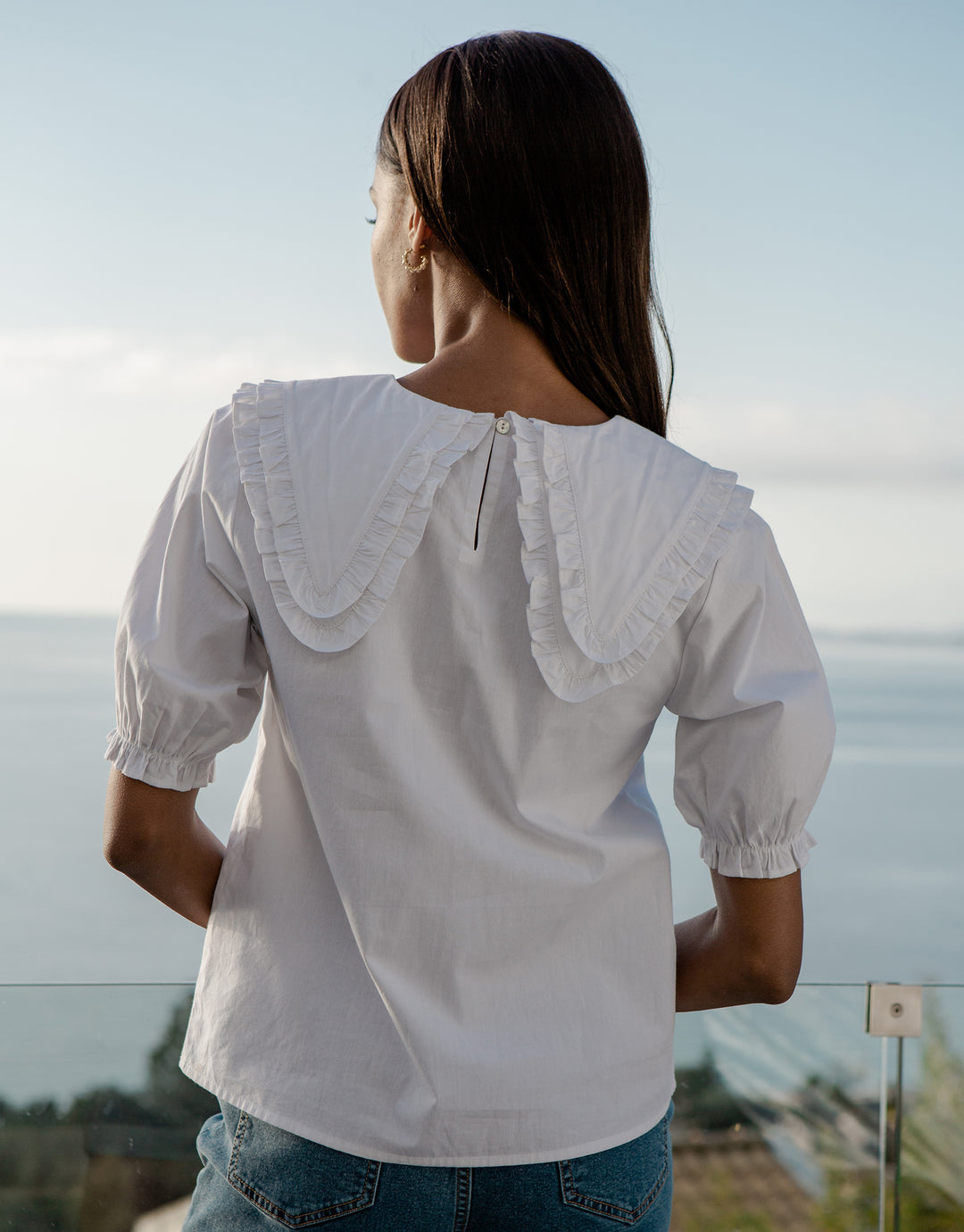 Threadbare Women's White Oversized Frill Collar Puff Sleeve Blouse