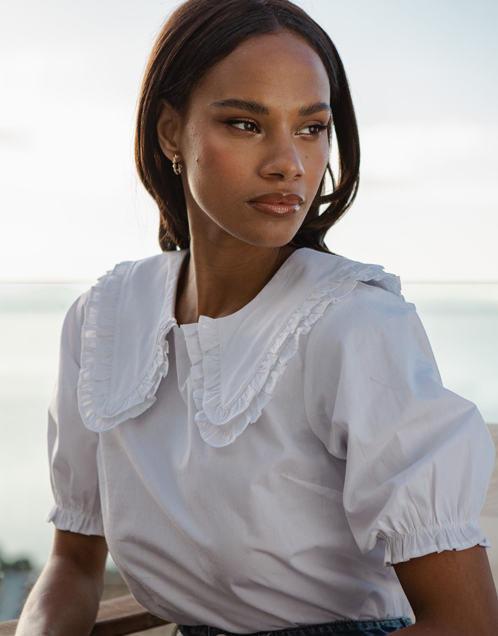 Threadbare Women's White Oversized Frill Collar Puff Sleeve