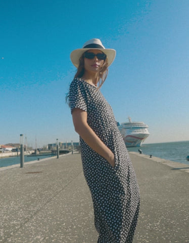 Black Spot Jersey Midi Smock Dress with Pockets