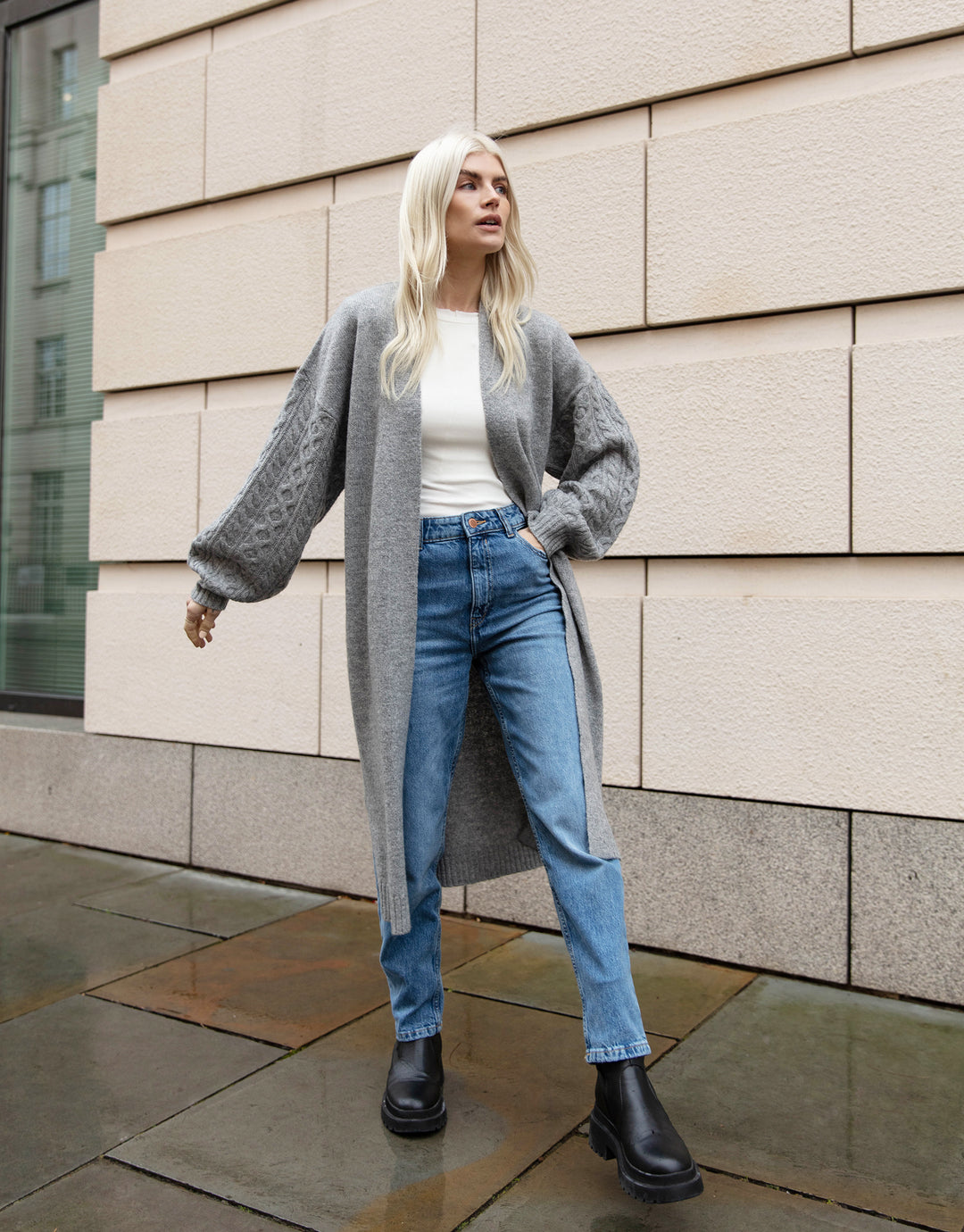 Grey Longline Cable Knit Cardigan