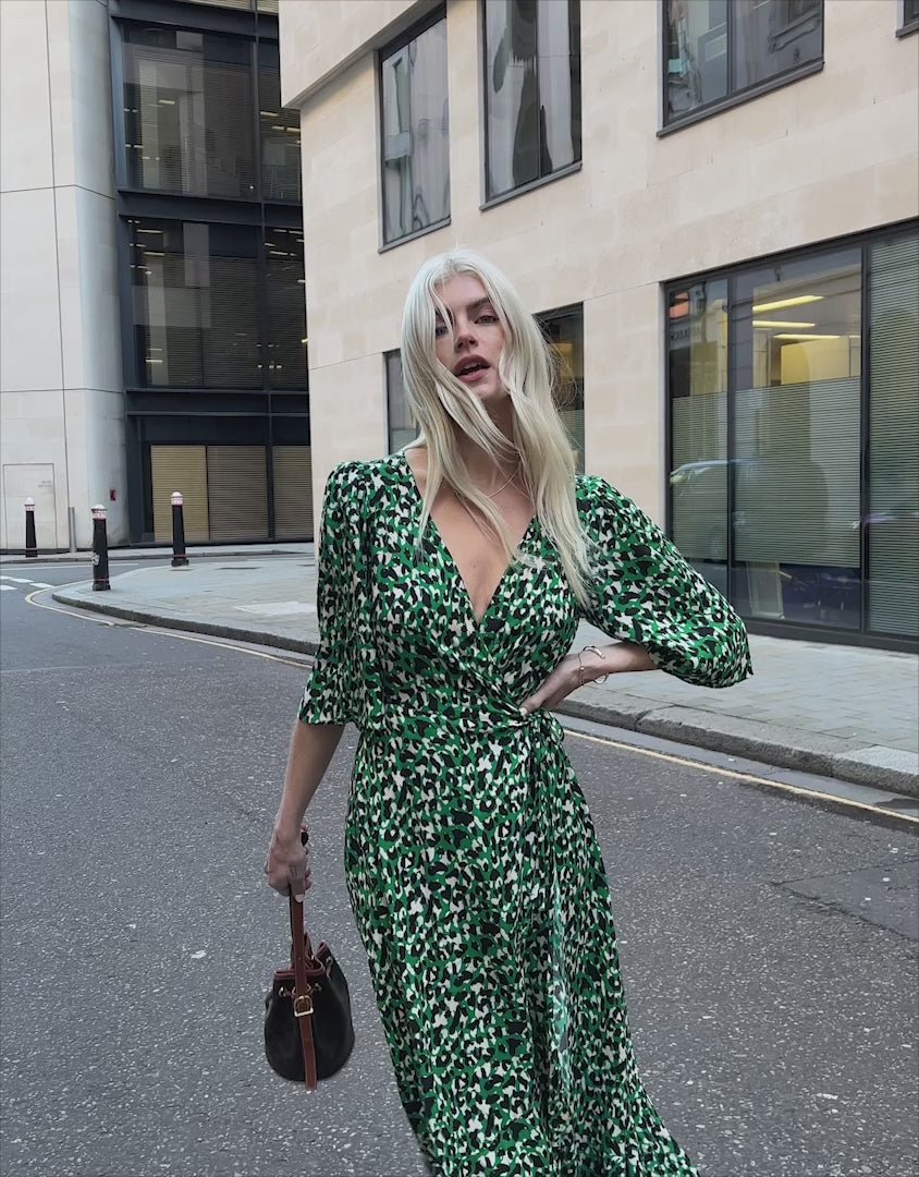 Green Leopard Print Midi Wrap Dress