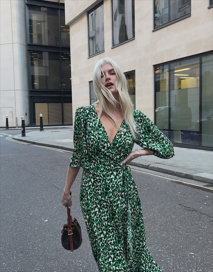Green Leopard Print Midi Wrap Dress