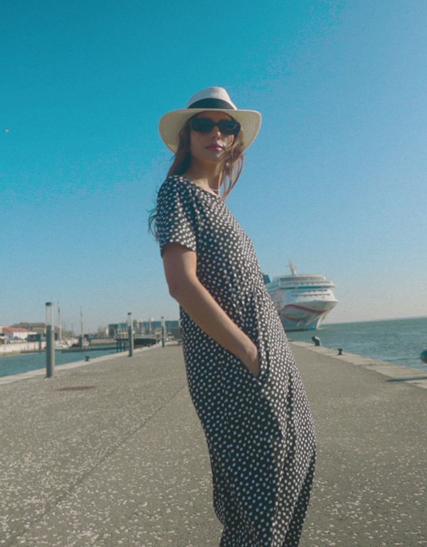 Black Spot Jersey Midi Smock Dress with Pockets