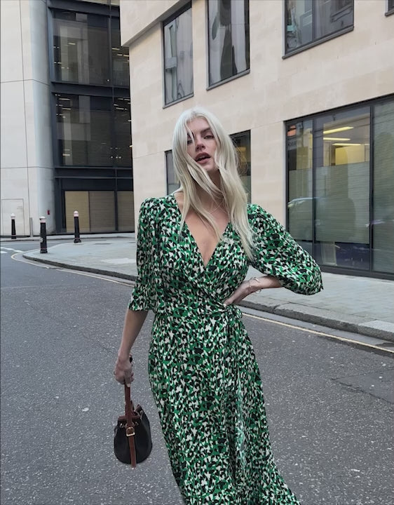 Green Leopard Print Midi Wrap Dress