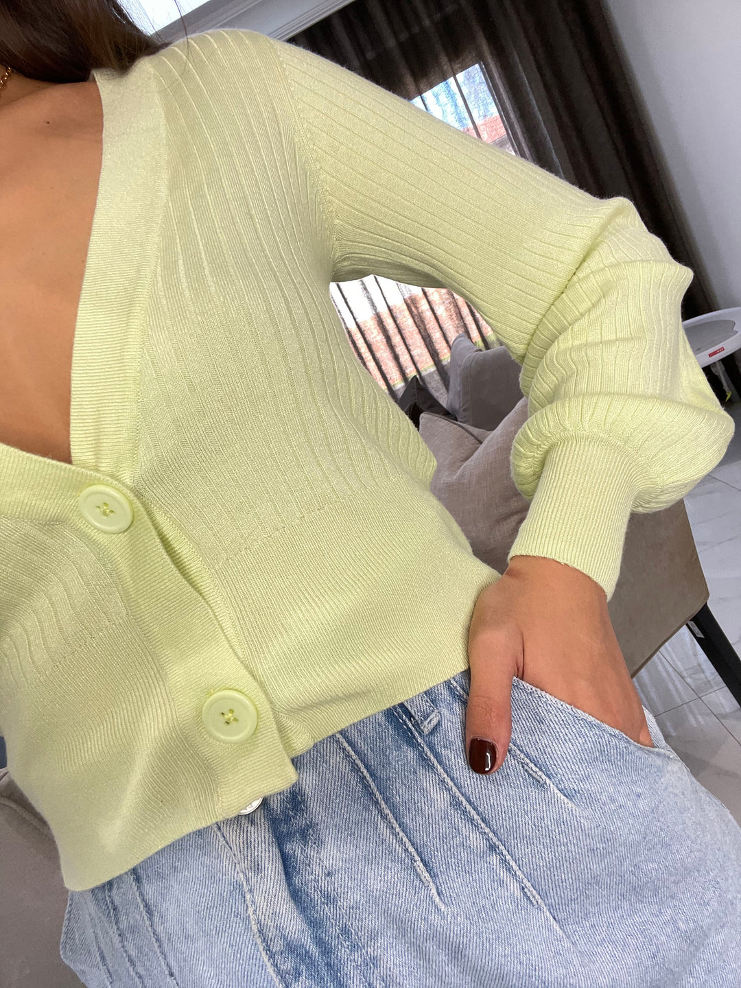 Green Balloon Sleeve Cardigan