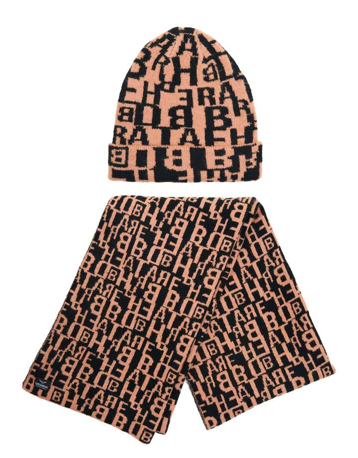 Tan Brown Letter Print Hat & Scarf (2-Piece Set)