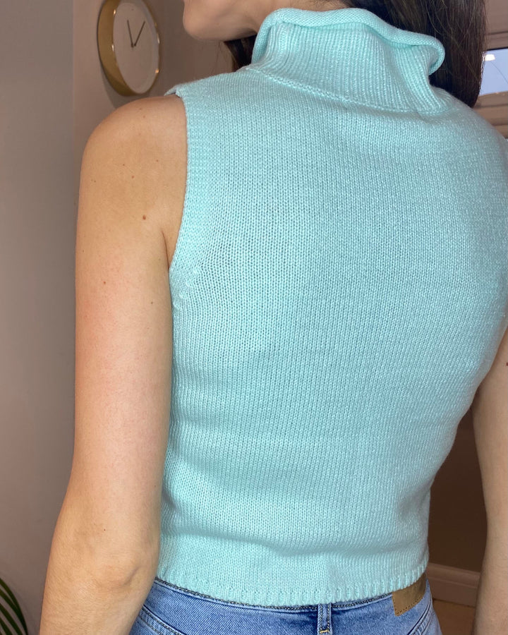Blue Roll Neck Knitted Vest