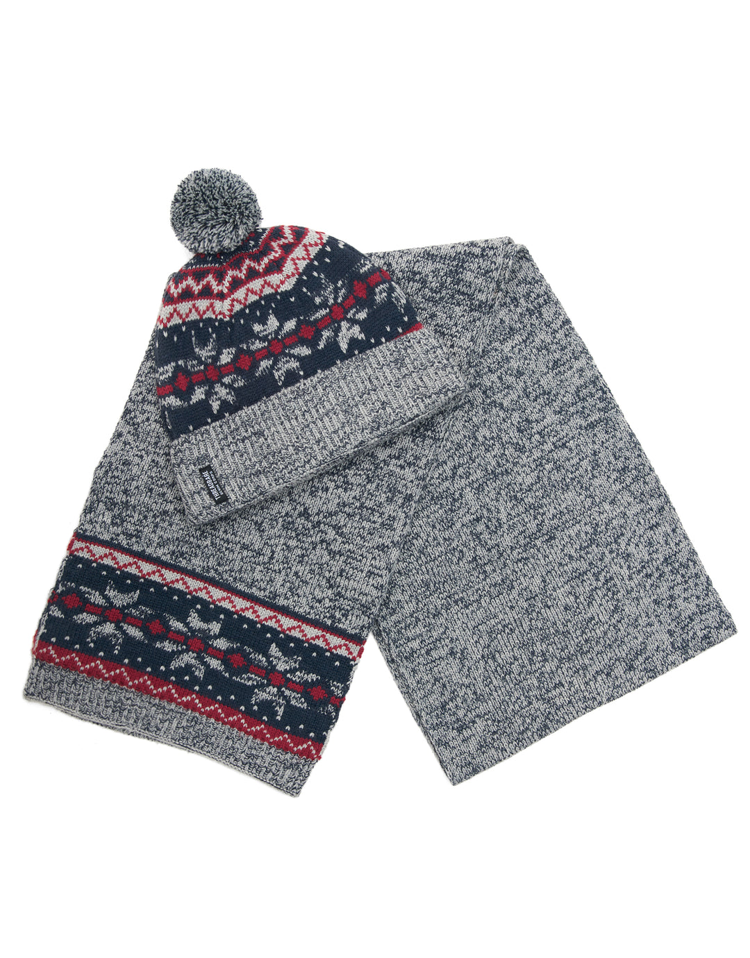 Grey Fairisle Bobble Hat and Scarf Set